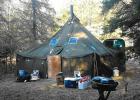 The original Malvig camp tent was replaced in the 1950s with a 16-by-16 Korean War surplus tent, shown above and it is still in use.