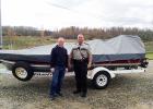The Clearwater County Sheriff’s Department today received a boat and trailer from Koch Pipeline Company. Pictured in the photo: - Left: Matt Boyer, Operations Supervisor for Koch Pipeline Company - Right: Darin Halverson, Clearwater County Sheriff.