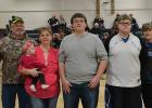 RLC Rebel seniors and parents at the Boys Basketball Parents Night: Makay Berns, son of Gin Berns; and Dylan Olson, son of Beth and Chris Olson.
