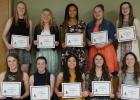RLCC volleyball letter winners were (standing) Calyssa Eskeli, Hannah Kolstoe, Julia Bernstein, Sarah Christensen, and Sydnie Gunderson, (sitting) Kelsie Sirjord, Nikki Schmitz, Ashley Longtin, Megan Berberich, and Shelby Gunderson.  