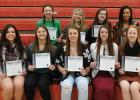 The volleyball Spotlight on Scholarship recipients at RLCC were (Back row): Shelby Gunderson, Hannah Kolstoe, Sydnie Gunderson, and Julia Bernstein. (Front row): Ashley Longtin, Megan Berberich, Nikki Schmitz, and Calyssa Eskeli. Not pictured: Sarah Christensen.