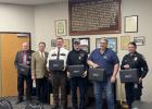 Pictured left to right:  Matthew Voulgarakis, District Representative, Masonic Grand Lodge of Minnesota, Gregory Vokovan, Junior Grand Deacon, Masonic Grand Lodge of Minnesota, Seth Vettleson, Pennington County Sheriff, Rick Baier, Thief River Falls Fire Chief, Joe Drevlow, Worshipful Master, Freemasons of Northern Lodge No. 236, Marissa Adam, Thief River Falls Police Chief.  Photo credit:  Brock Drevlow