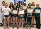 Letter Winners at the RLC T&F Banquet were Back row (l to r): Chris Longtin, Ashley Longtin, McKenzie Williams, Julia Bernstein, Megan LaCrosse. Front row (l to r): Madison Derosier, Clara Girdler, Kjerstin Nelson, AJ Jones, Zoe Russillo, and Jade Person (not pictured) (Manager). 