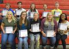 Recipients of Spotlight on Scholarship certificates for band and choir were (front) Lacey Pendleton, Kara Longtin, Brandi DeHate, Marie Johnson, AJ Jones, (back) Nick Pahlen, Phillip Sorenson, Sydney Melby, Sidney Olson, and Abby Walton.