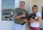 Dan and Brooke Dyrdahl brought  their two pets to the pet clinic that was held at Cornerstone Veterinary Services in Gonvick. Ellie (the cat) and Bella (the dog) didn’t seem to mind but they were still outside the building.
