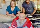  Linda Gulbranson, Headwaters Quilt Guild member and Quilt of Valor Foundation, who awarded Edward Knaeble his Quilt of Valor. Also pictured is Travis Larson