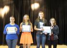 Clearbrook-Gonvick High School Science Fair winners with their certificates. Standing left to right at the winners in grades nine and ten. They are third place Savanna Rankin, first place Jackie Lynn Taflin and second place Naomi Shamp & Jenna Smith.