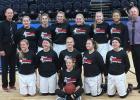 The RLCC girl basketball team at the Target Center where they played the Fosston Greyhounds. (Front) Brandie DeHate (Middle) Zoe Russillo, Hannah Kolstoe, Tanisha Srnsky, Billie Jo Gryskiewicz, Sydney Olson. (Back) Coach Mark Bagaason, Sarah Christensen, Kia Bachand, Jenna Pahlen, Marie Johnson, Calyssa Eskeli, Julia Bernstein, and Coach Mitch Bernstein.