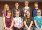 The cast of Something's Afoot, a musical that will be presented in a month at RLCC High School in Oklee. Front row: Sidney Melby, Hannah Kolstoe, Lilly Guillemette, and Kara Longtin. Back row: Jeremiah Rathsack, Nick Pahlen, Tom Nelson, and David Clifton.  Not pictured Dan Guillemette, Jade Person, Skyler Longtin.