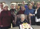 Edna Dahlke celebrated her 105th birthday with her nine children standing behind her Gene, Elrene, Eileen, Martha, Eloise,Randy, Elaine, Gary and Bonnie. The party was held at the Good Shepherd Lutheran Church in Clearbrook on Saturday, November 24.