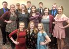 Front row, L-R: Maddy Cullen, Hailey Vad, Chloe Kuznia. Middle, L-R: Carlye Kiesow, Cheyenne Irlbeck, Abby Kiesow, Bailey Watne, Alaina Monson. Back row, L-R: Jake Ahlbeck, Jaden Kiesow, Payton Grandstrand, Hudson McMillin, Lucian Tinnes.