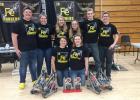 The 4149C and 4149G teams allied to win the entire tournament at NCTC last Saturday. They are, in front, Trystan Jelle and Bailey Watne. In back, L-R: Jake Ahlbeck, Abby Kiesow, Elise Monson, Julianne Nordby, Chris Luttrell and Olivia Tykward. 
The Iron Chargers 4149C won both the Robot Skills Champion award and the Excellence Award! C Team members are Elise Monson, Trystan Jelle, Abby Kiesow, Jake Ahlbeck.