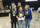 The Iron Chargers 4149G team won the CREATE award at the MN State Vex Robotics tournament in St. Cloud last weekend. Pictured is Olivia Tykward, Julianne Nordby and Bailey Watne with Chris Luttrell, behind, a member of the team last year, prior to graduating.