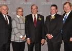 U of M Crookston Torch & Shield recipients, left to right, are Chancellor Fred Wood; Mary Jo Eastes 1979 of California; Dick Hebert 1968 of Mentor; and Keith McNamara, president, Sugarbeet Research and Education Board; and Albert Sims, director of operations, Northwest Research and Outreach Center.