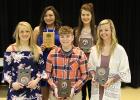 Girls basketball award winners that were announced at the Clearbrook-Gonvick sports banquet. Front L to R:  Jackie Lynn Taflin (1st team Northwood’s All-Conference), Cassie Faldet (2nd team Northwood’s All-Conference), Brynn Hetland (1st team Northwood’s All-Conference). Back: Tamara Skinaway (Northland Holiday All-Tournament Team and Northwood’s All-Conference Honorable Mention) and Madelynne Faldet (2nd team Northwood’s All-Conference). 