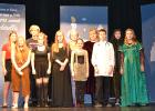Cast of “The Brothers Grimm Spectaculathon” by Don Zolidis and by special arrangement with Playscripts, Inc. Row 1: Jayden Fore, Jade Person, Kara Longtin, Heather Longtin, David Clifton, and Natalie Aakhus. Row 2: Sydney Melby, Tom Nelson, Tera Qualley, Dede Walton, and Britain Arlt.  Not pictured Jeremiah Rothsack.